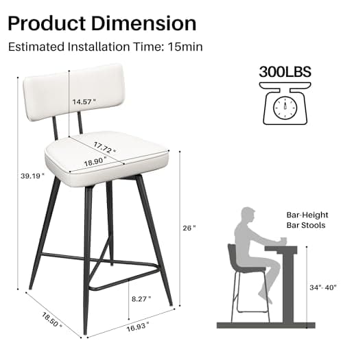 26 Inch White Leather Swivel Bar Stools with Back, Kitchen Counter Set of 2