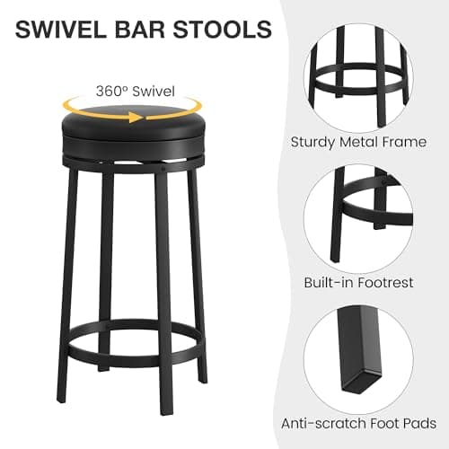 IDEALHOUSE Black Backless Swivel Bar Stools Set of 2, 24" Counter HeightPU Leather & Metal