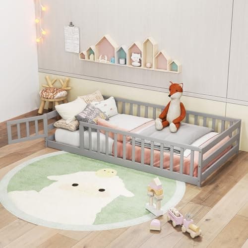 KOMFOTT Grey Twin Size Wooden Montessori Floor Bed with Safety Guardrails & Door
