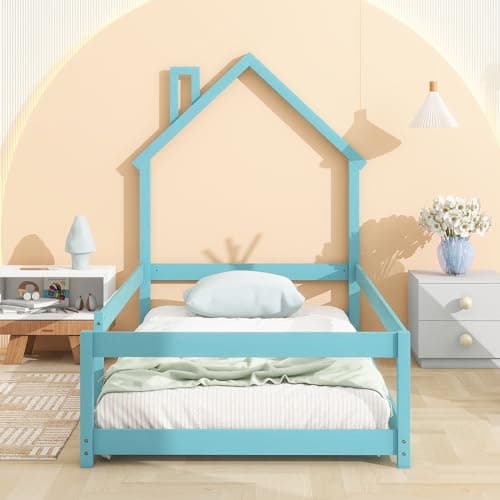 Pine Wood Twin Floor Bed with Safety Guardrail & House Headboard for Kids