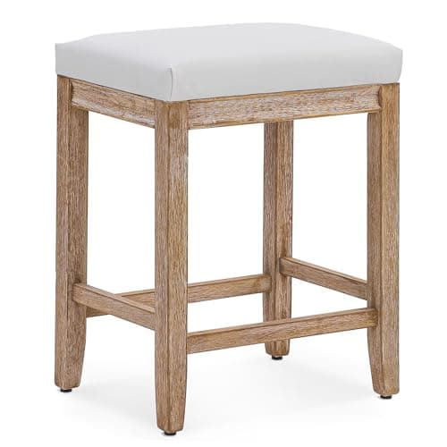 White Counter Height Bar Stools Set of 4, Faux Leather Seat, Wood Legs, 24" High