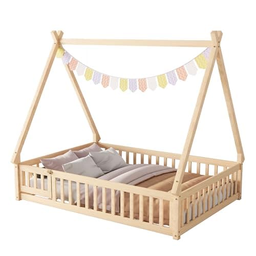 Montessori Full Size Wood Teepee Floor Bed with Slats and Guardrails