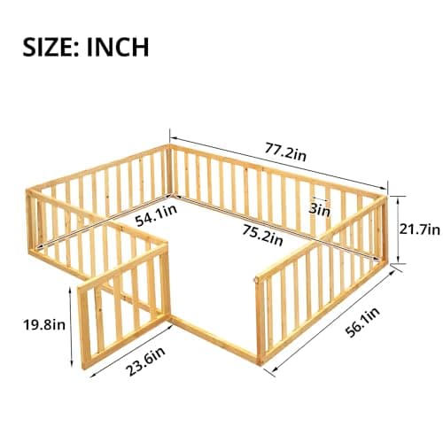 i-POOK Montessori Floor Bed for Kids, Natural Wood Frame with Fence & Door