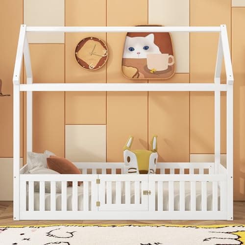 LUSPAZ White Wood House-Shaped Bed with Headboard, Sturdy Montessori Bed Frame for Toddlers & Babies