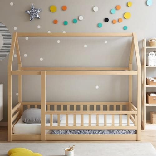 Montessori Floor Bed Frame with Roof & Fence, White, No Box Spring Needed