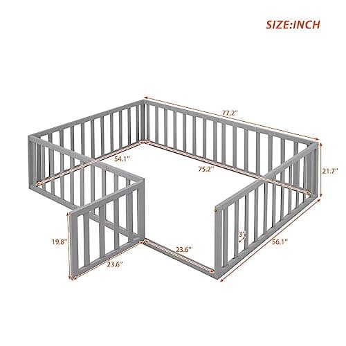 Full Size Montessori Floor Bed with Fence and Door, Grey Wood Daybed for Boys and Girls