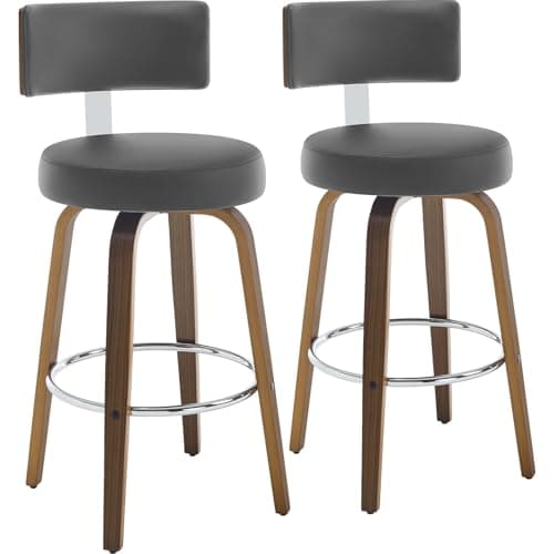 Mid Century Walnut Bar Stools Set of 4, Faux Leather Seat, 26" Height, White