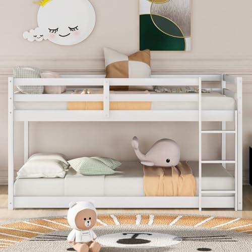 i-POOK Low Floor Twin Bunk Bed with Ladder & Guardrail, 400LBS Capacity, Easy Assemble, White