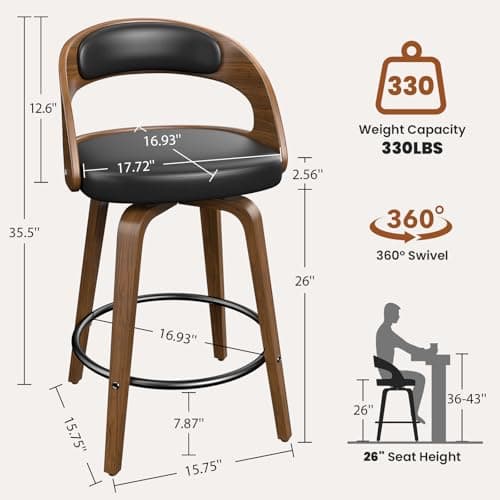 Mid-Century Modern Black Bentwood Bar Stool Set, 26" Counter Height, Kitchen and Bar