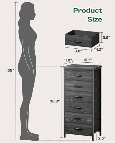 Charcoal Black Wood Grain Print Tall Dresser with 6 Drawers & Metal Frame