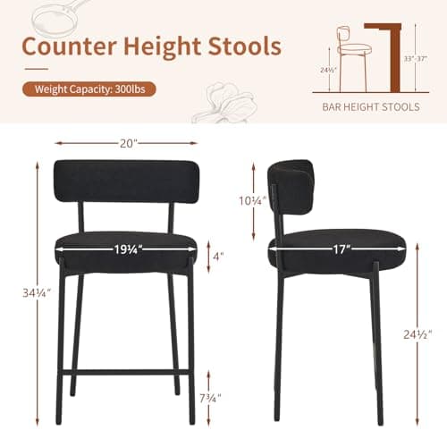 Furnilivng 24'' Modern Boucle Bar Stools, Curved Back, Black Metal Frame, Kitchen Island, Bar, Dining Room