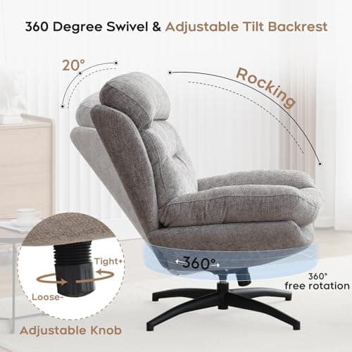 Swivel Accent Chair with Ottoman, Grey: Comfortable Reading Lounge