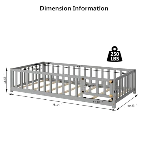 Montessori Twin Floor Bed with Door, Fence & Safety Guardrail - Grey