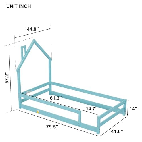 Montessori Twin Floor Bed with House-Shaped Headboard and Fence Guardrails for Toddlers in Blue