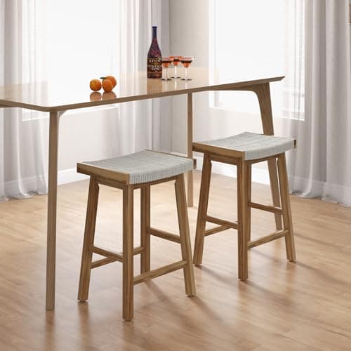 COSTWAY 25.5-inch Seaweed Woven Counter Height Kitchen Bar Stools, Set of 4, Rubber Wood & Acacia Frame