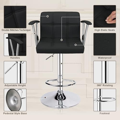 Black Counter Height Bar Stools, Adjustable Swivel with Armrests Set of 2