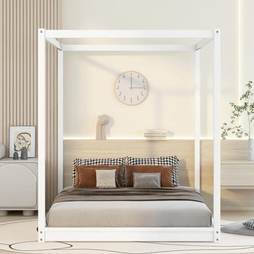 Queen Size Canopy Bed Frame for Adults, Teens, and Children, White