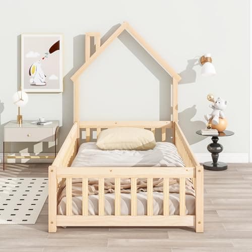 Twin Size Montessori Floor Bed with Door & Roof, Easy Assembly & Guardrails, Natural Finish