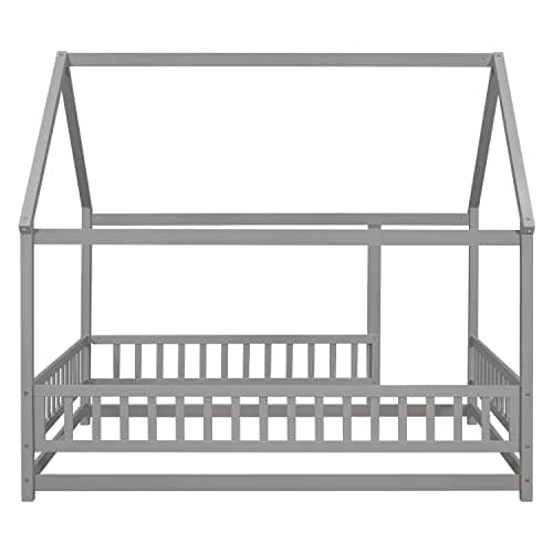 Solid Wood Platform Bed for Boys and Girls with Guardrails and Door Playhouse, Gray