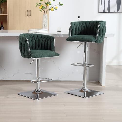 Adjustable Boucle Swivel Bar Stools Set of 2 with Hand Woven Back and Silver Footrest, for Kitchen Island and Dining Room
