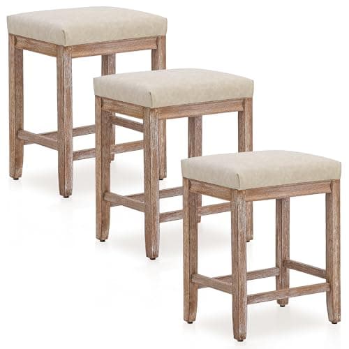 Farmhouse Modern Bar Stools Set of 3, Khaki Faux Leather 24" High