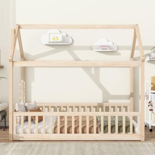 i-POOK Safety Guardrail Twin Bed with House Design, Solid Wood Slats Support, Natural Finish