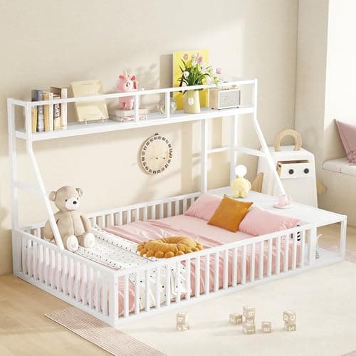 Full Size Kids' Safety Fence Floor Bed with Desk & Storage, Off White