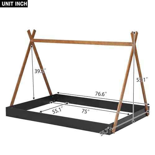 Montessori Style Black & Brown Wood Teepee Bed for Kids Box Spring Required