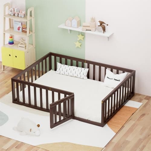 Montessori Metal Floor Bed for Kids with Door & Safety Guards, White