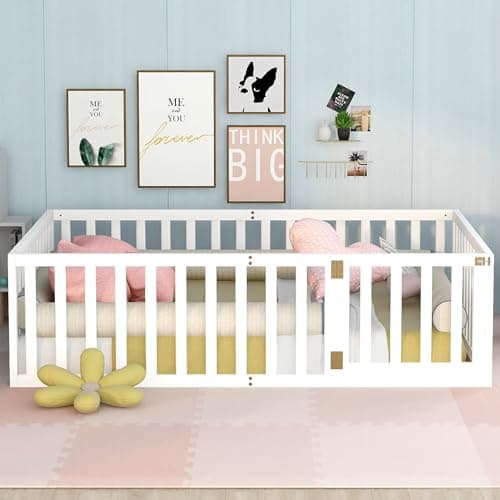 White Full-Size Montessori Floor Bed with Fence and Door
