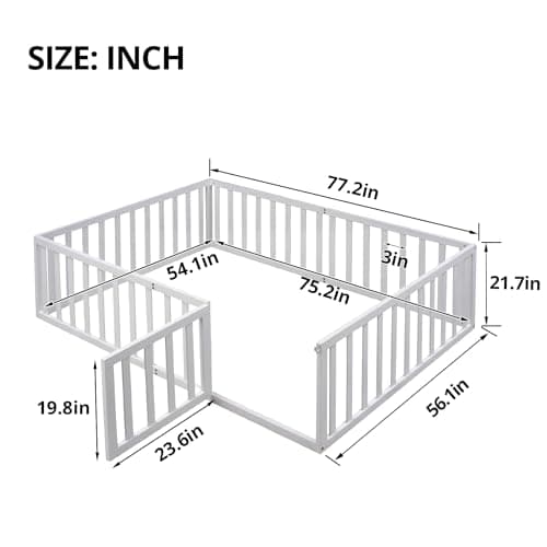 Full Size Montessori Floor Bed for Kids, Sturdy Wood Frame with Fence & Door, White Color (No Bed Slats)