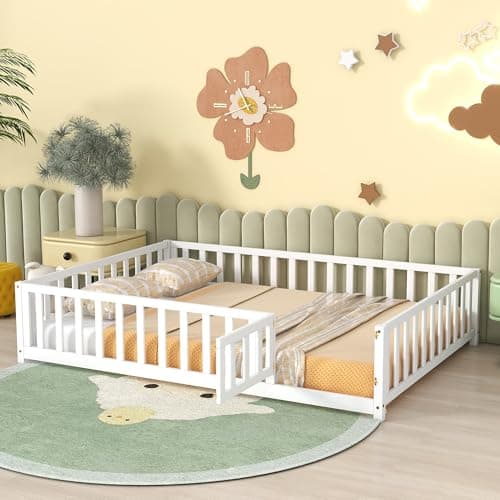 Montessori Twin Floor Bed with Door, Fence & Safety Guardrail - Grey