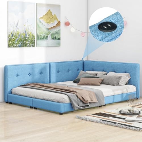 Wood Floor Bed Frame with USB Ports, Blue - Low Profile for Adults and Children up to 600 lbs.
