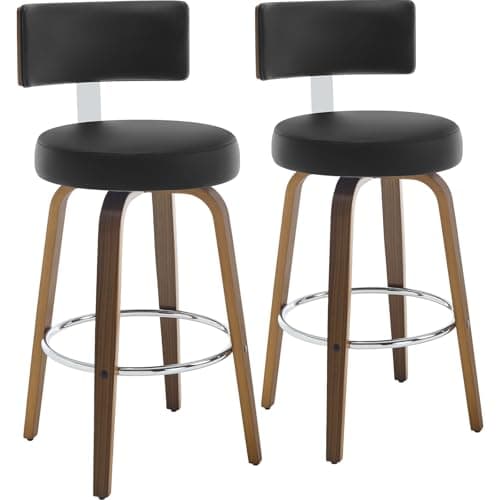 Mid Century Walnut Bar Stools Set of 4, Faux Leather Seat, 26" Height, White