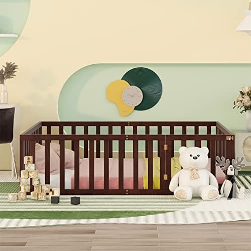 Full Floor Bed Frame for Toddler with Fence and Wood Slats
