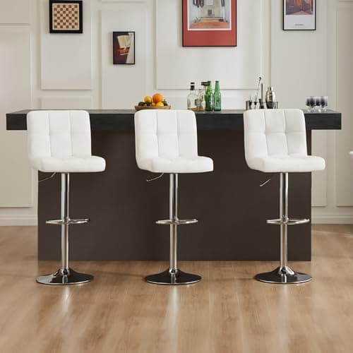 DUMOS Adjustable Swivel Bar Stools, PU Leather Seat, Thick Cushion, White