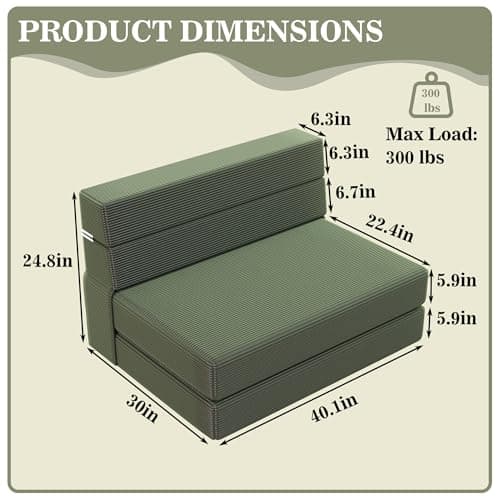 Light Green Corduroy Twin Foldable Memory Foam Sofa Bed with Back Support