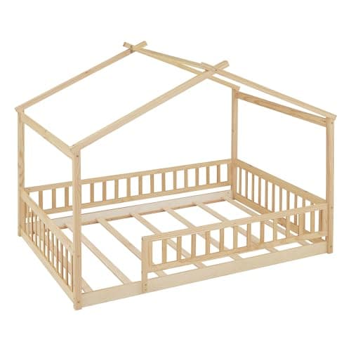 Bellemave Full Size Montessori Wood House Bed with Fence, Natural