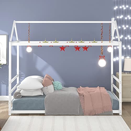 i-POOK White Twin Size House Bed with Roof & Chimney & Storage