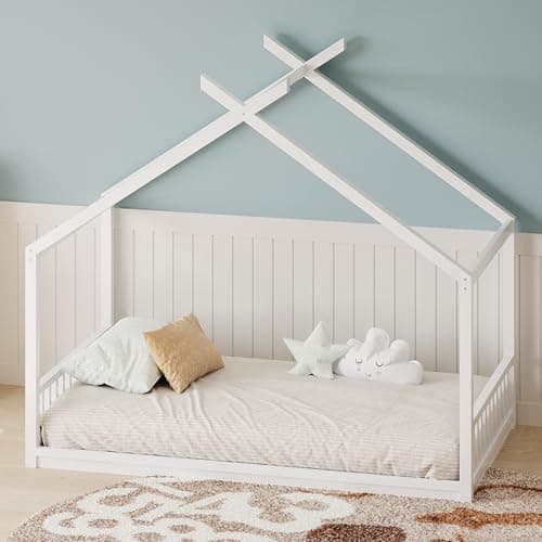 Montessori Twin Size Floor Bed with Fence, White