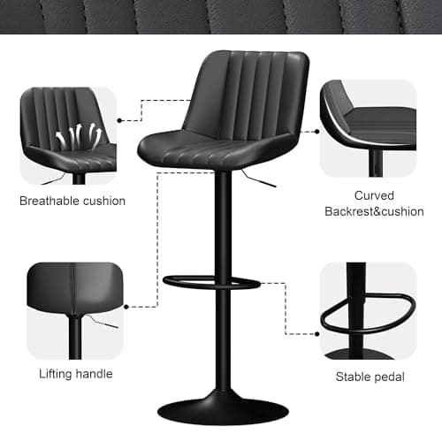 JAMFLY Set of 4 Adjustable Swivel Bar Stools for Kitchen Island, Black Leather