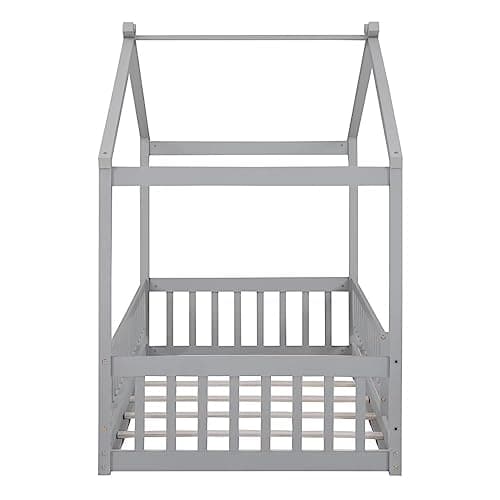 i-POOK Grey Wood Floor Bed with Fence & Roof for Kids