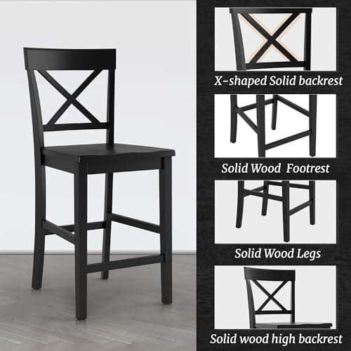 24" Black X-Back Wooden Counter Stools with Footrest for Kitchen Island