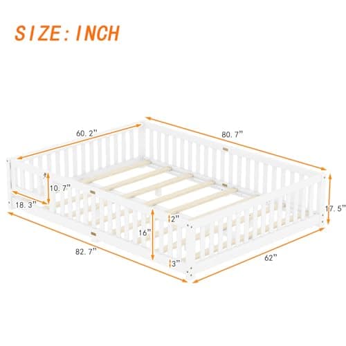 Montessori Floor Bed with Safety Guardrails and Door for Kids, White
