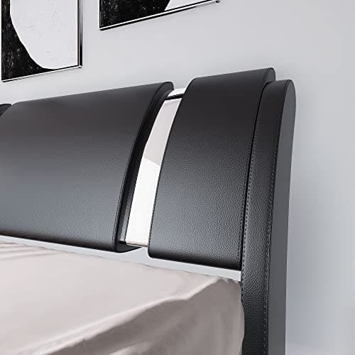 Allewie Black Queen Bed Frame with Iron Decor & Faux Leather Upholstered Platform