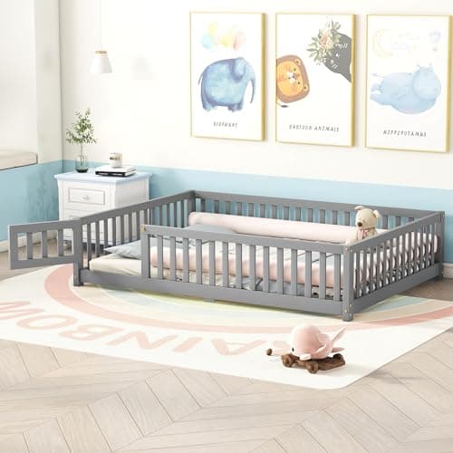 Full-Size Montessori Floor Bed with Slats & Center Support Bar (Natural)