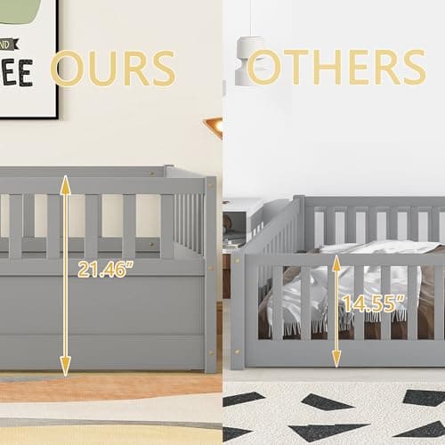 Montessori Twin Size Floor Bed with High Fence & Door (Gray)