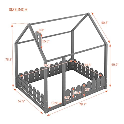 Wood House Bed Frame for Children with Fence & Roof, Full-Length Guardrail for Teens Girls Boys
