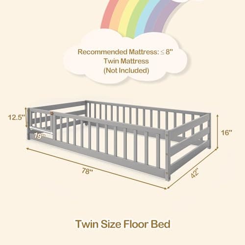 KOMFOTT Grey Twin Size Wooden Montessori Floor Bed with Safety Guardrails & Door