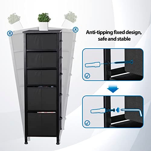 Black Vertical Storage Tower Dresser with 5 Drawers & Wood Top for Bedroom